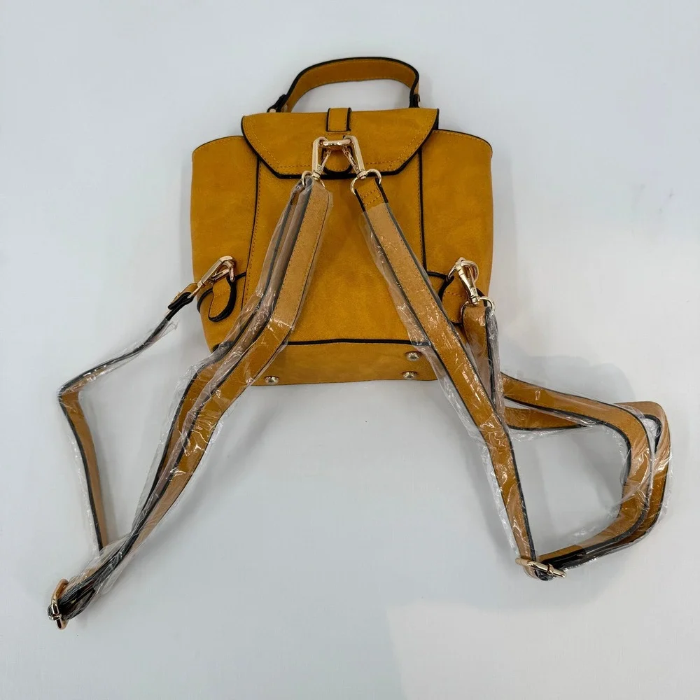 Mustard Yellow Faux Leather Convertible Backpack Crossbody HandBag Gold Hardware